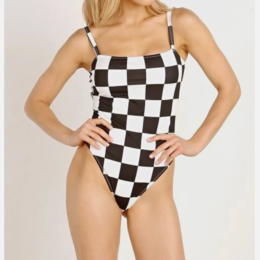 Solid & Striped Swimsuit re/done check one piece womens Black White (medium)